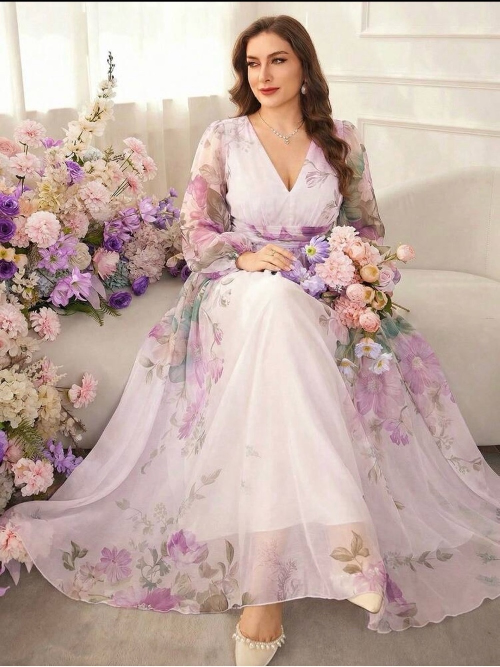 Plus Size XX-Large Floral V-Neck Chiffon Maxi Dress in Lavender